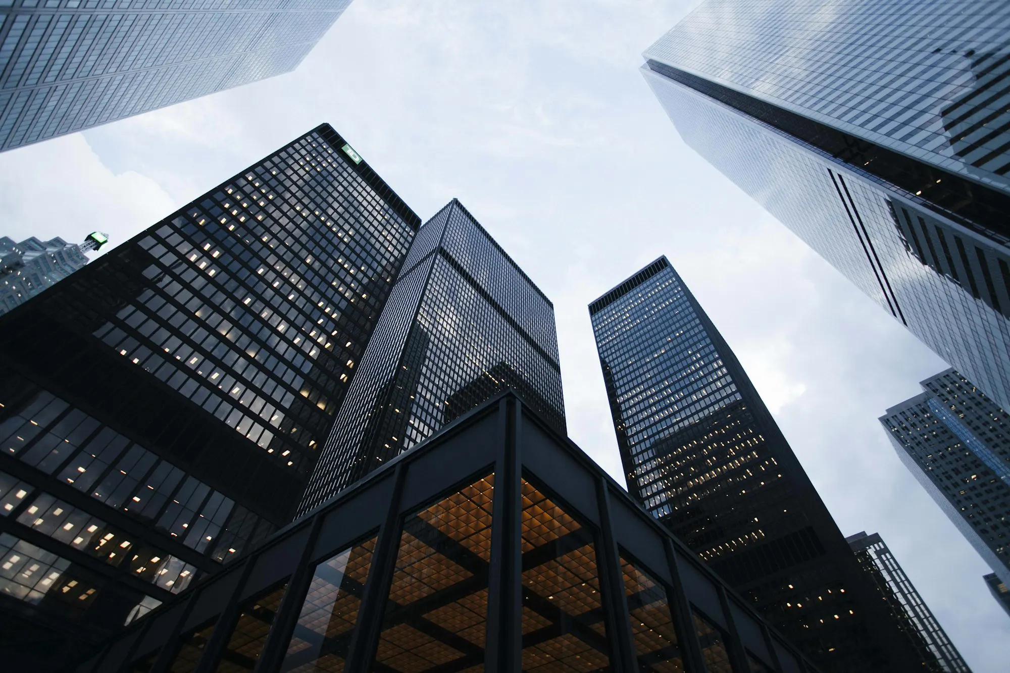 Glass office buildings seen from below